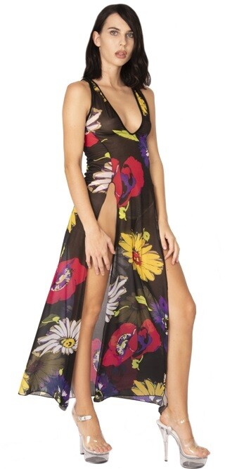 Black Floral Print Mesh High slit racer back Sheer Nightgown