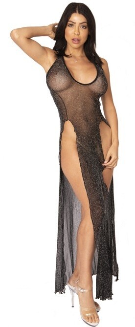 Black Shimmer High slit racer back Sheer Nightgown