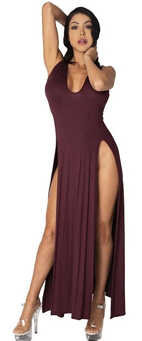 Burgundy High slit racer back Long Gown