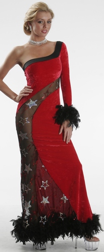 Delicate Illusions L0629VSQ One Sleeve Velvet Long Dress with boa trim