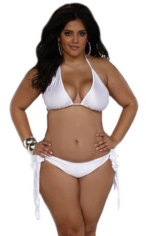 Plus size White Scrunch Bottom 2 piece Bikini w large ties