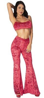 Holiday Red Print Velvet Bell Bottom Pant with Crop top