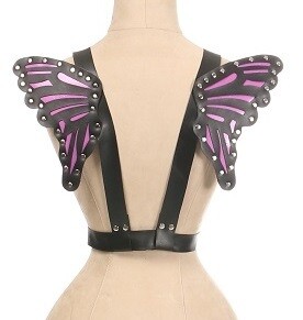 Faux Matte Black leather Body Harness with small Purple wings
