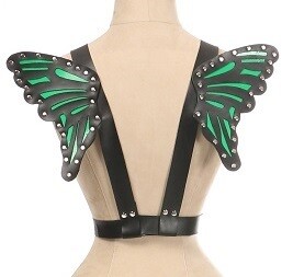Faux Matte Black leather Body Harness with small Green wings