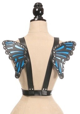 Faux Matte Black leather Body Harness with small blue wings