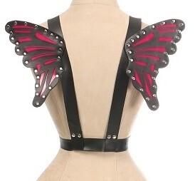 Faux Matte Black leather Body Harness with small Fuchsia wings