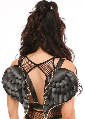 Black Matte Leather Body Harness with Angel Wings gold trimmed