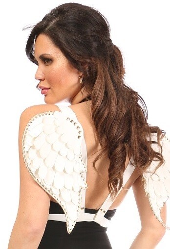 White Matte Leather Body Harness with Angel Wings