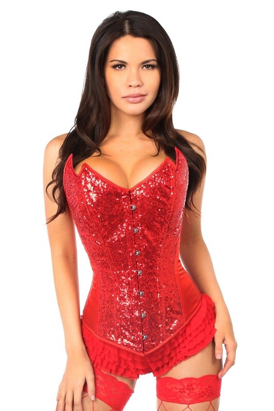 Red Sequin Steel Boned Corset with pointed top