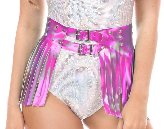 Fuchsia Hologram Fringe Mini Skirt Belt