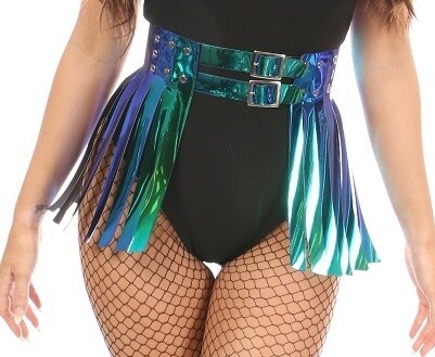 Teal Blue Hologram Fringe Mini Skirt Belt