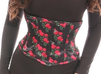 Black Satin with Pink Roses Mini Waist Cincher