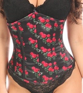 Black Satin with Pink Roses Topless Corset