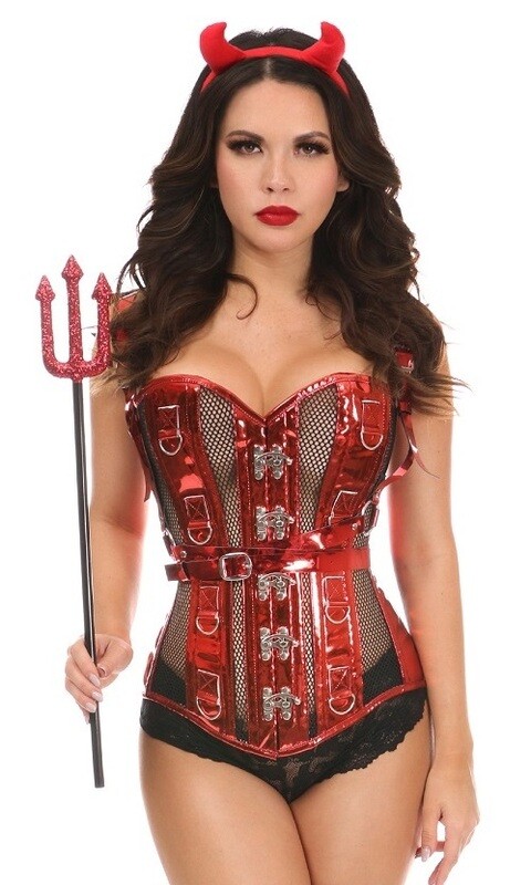 Red Metallic Fishnet Devil Corset Costume w Harness