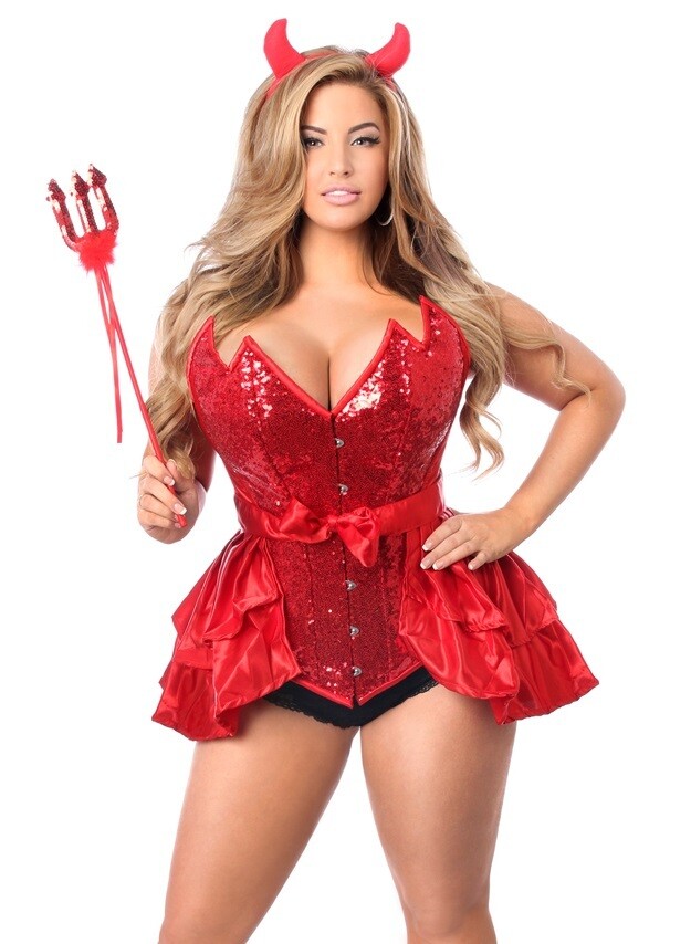 Plus Size Red Sequin Devil Pointed Corset w bustle Costume.