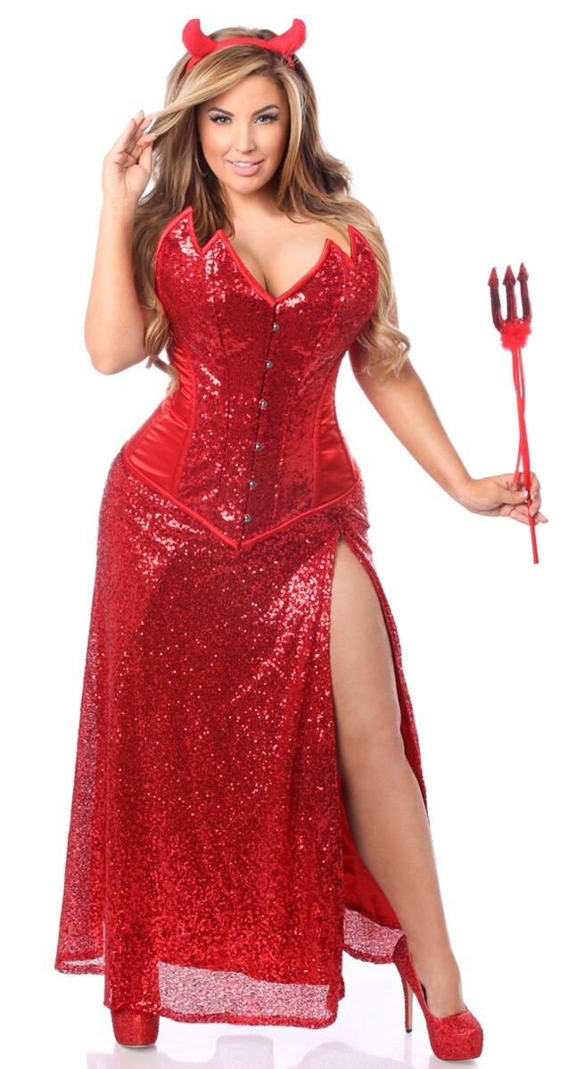 Plus Size Red Sequin Devil Pointed Corset w Long Skirt Costume