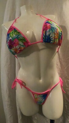 Tie Side Thong Bikini w Larger Cut Tri Top Happy Hibiscus Neon Pink
