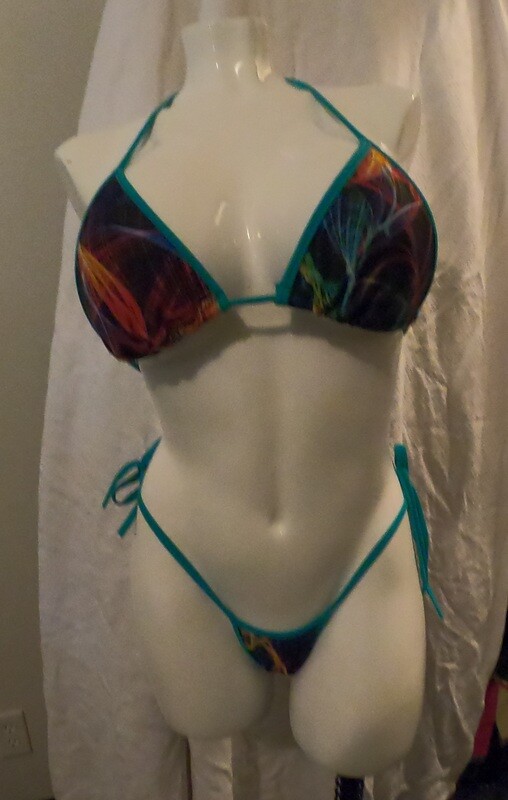 Tie Side Plus size Thong Bikini w Larger Cut Tri Top Rave Party Turquoise trim