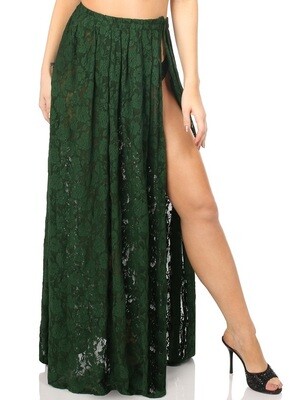 Dark Green Long Lace skirt with High slit
