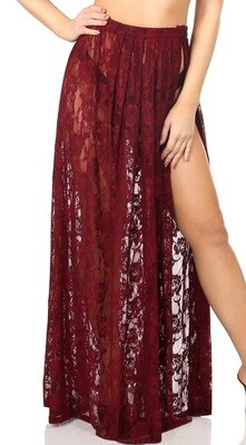 Wine Long Lace skirt with High slit