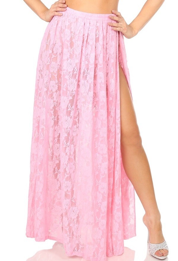 Pink Long Lace skirt with High slit