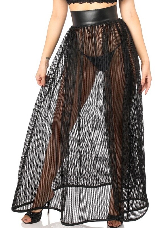 Black faux Leather Long fishnet skirt