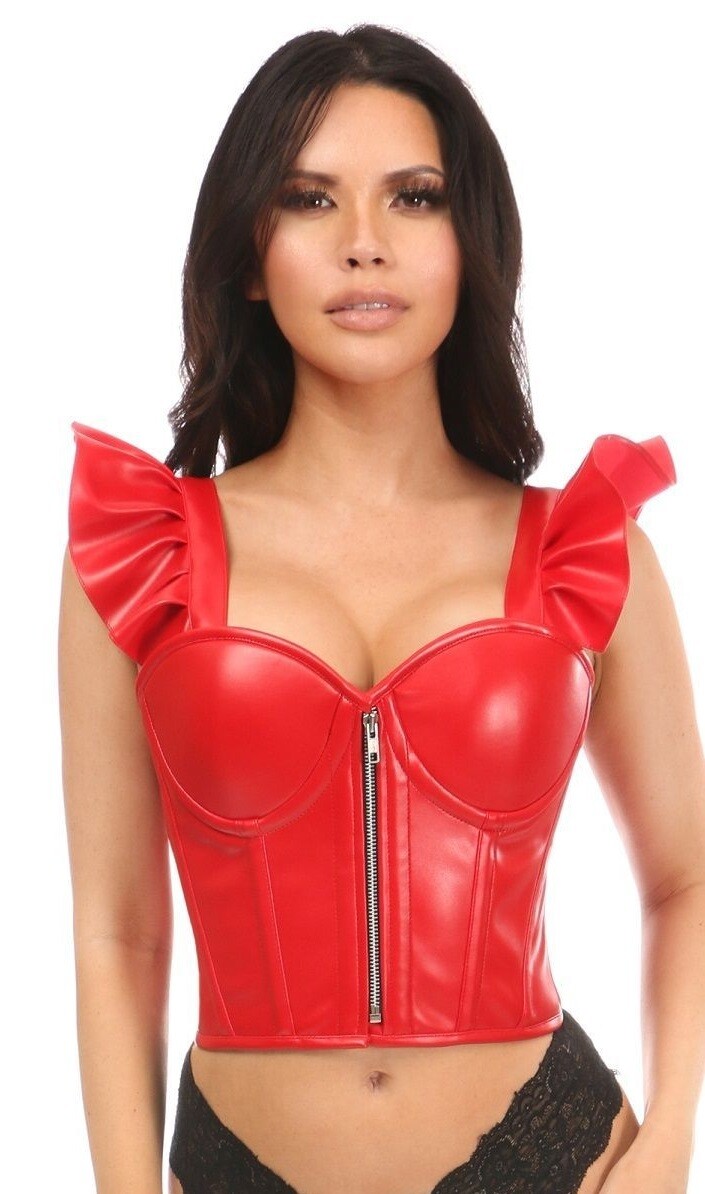 Red Faux Matte Leather Bustier Corset with ruffle sleeves