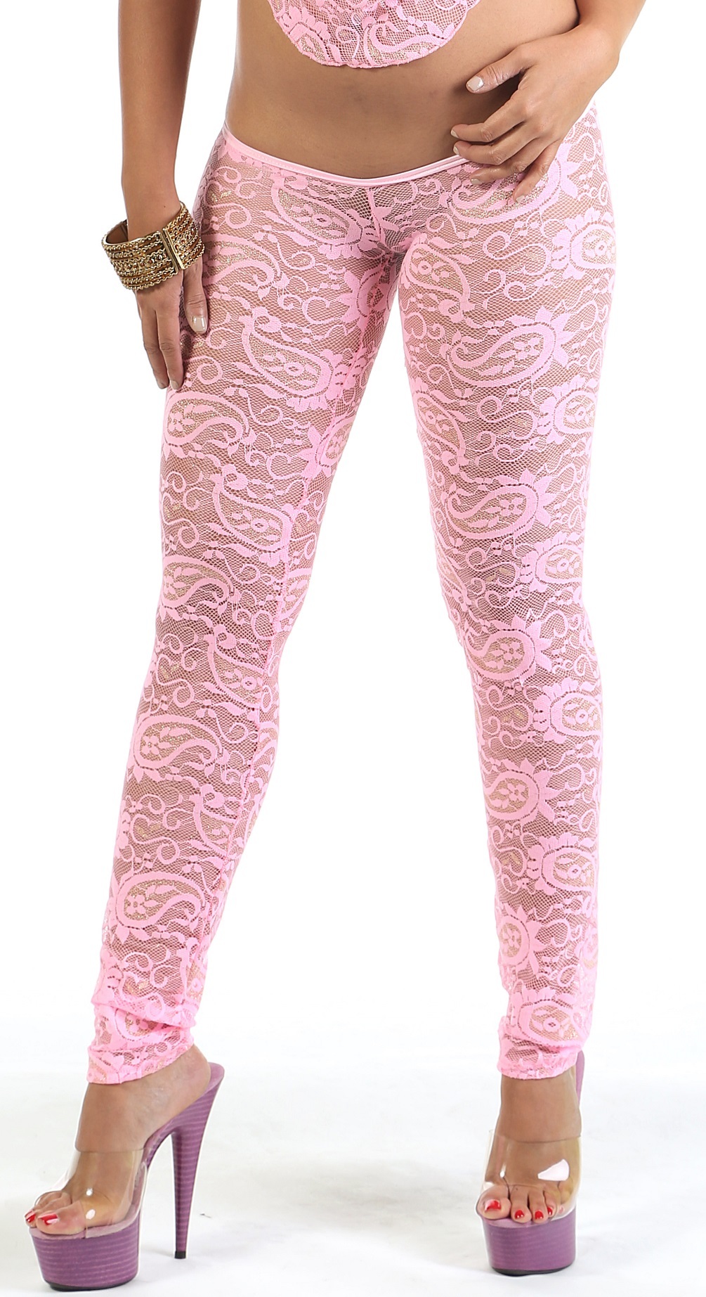 Lace Extreme Low rise peg leg scrunch bottom legging pink - Store