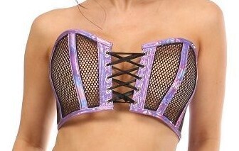 Purple Holograph Black Fishnet Lace-Up Front Corset Crop Tube Top