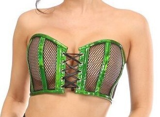 Green Holograph Black Fishnet Lace-Up Front Corset Crop Tube Top