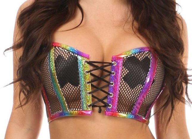 Rainbow Glitter Holograph Black Fishnet Lace-Up Front Corset Crop Tube Top