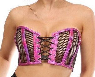 Fuchsia Holograph Black Fishnet Lace-Up Front Corset Crop Tube Top