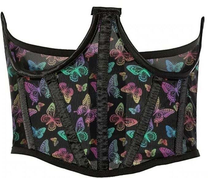 Neon Butterfly Print Mesh Open Cup Waist Cincher Corset