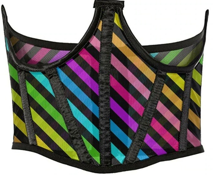 Rainbow Rainbow Diagonal stripe Print Mesh Open Cup Waist Cincher Corset