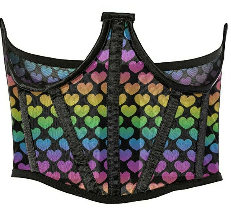 Rainbow Hearts Print Mesh Open Cup Waist Cincher Corset