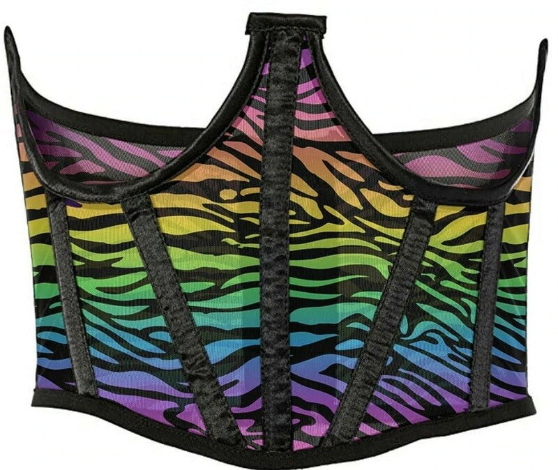 Rainbow Zebra Animal Print Mesh Open Cup Waist Cincher Corset