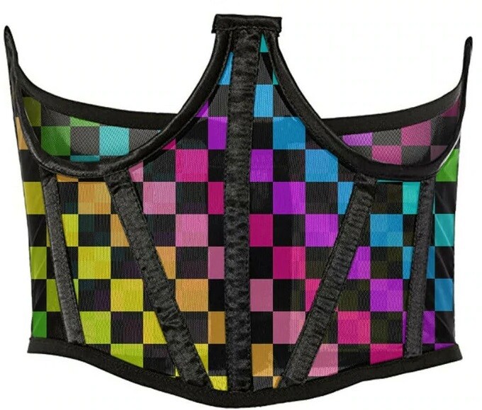 Rainbow Checkers Print Mesh Open Cup Waist Cincher Corset