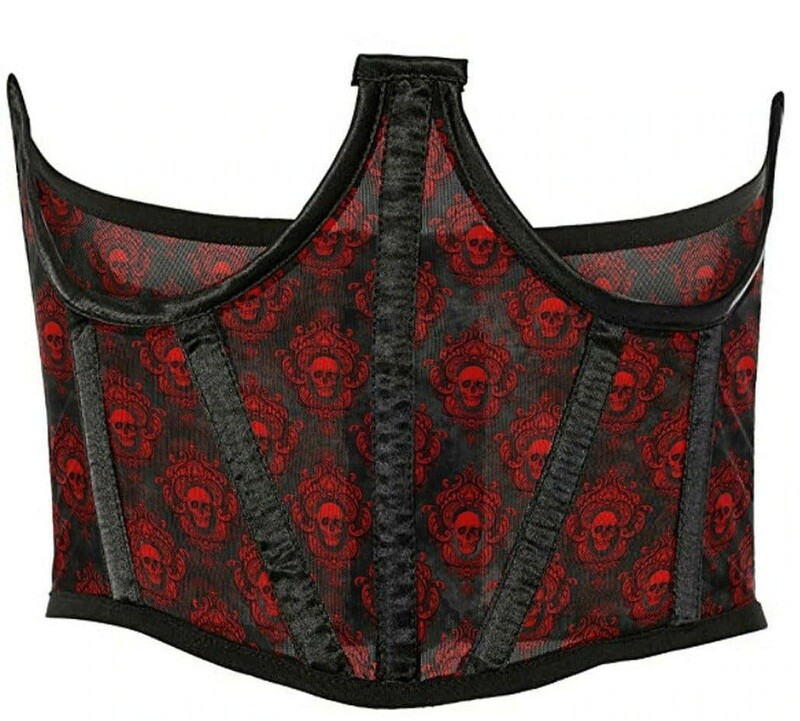 Black & Red Skull Damask Print Mesh Open Cup Waist Cincher Corset