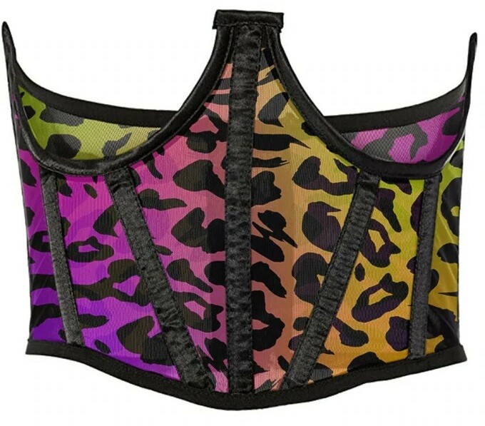 Cougar  Animal Spots Rainbow Print Mesh Open Cup Waist Cincher Corset