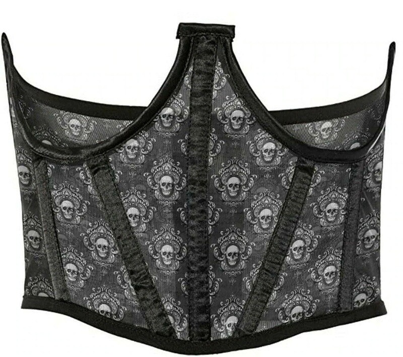 Black & white Skull Damask Print Mesh Open Cup Waist Cincher Corset
