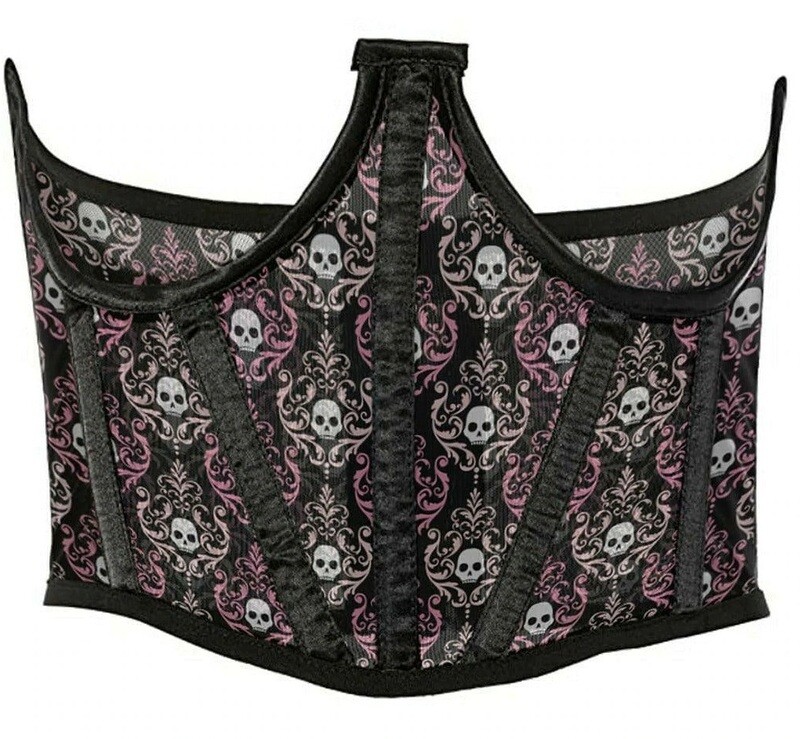 Black & Pink-white Skull Damask Print Mesh Open Cup Waist Cincher Corset