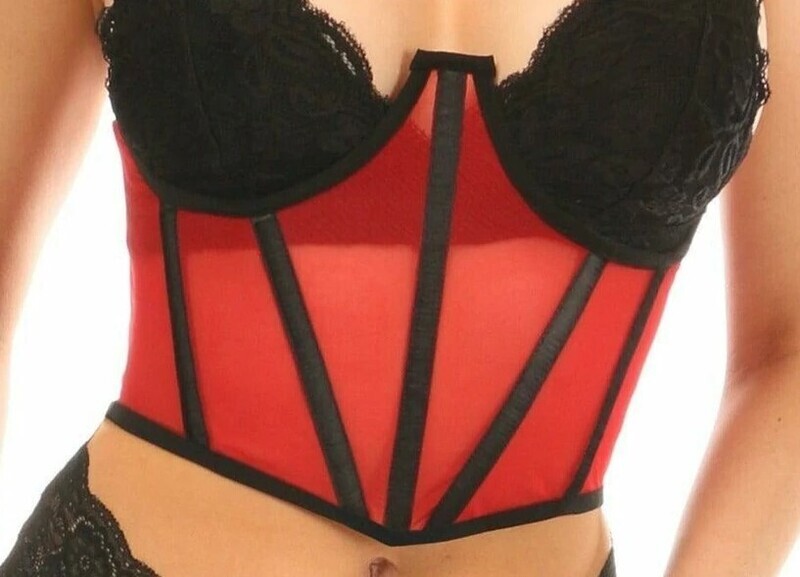 Red Mesh with Black Trim Open Cup Waist Cincher Corset