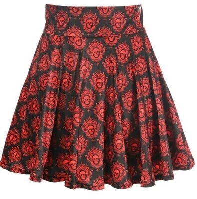 Red Skulls on Black Gothic Stretch Lycra Mini skirt