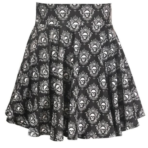 White Skulls on Black Gothic Stretch Lycra Mini skirt