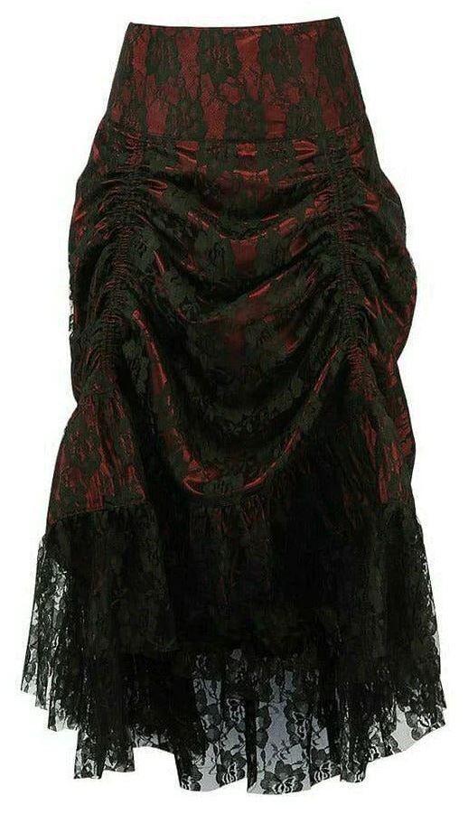 Black Lace over Red Satin Steam Punk Victorian Long Skirt