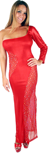 Curvy Shimmer one sleeve Long dress w hologram mesh