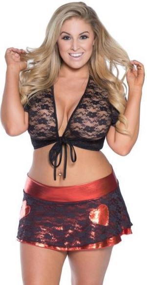 Plus size Lingerie Skirt Set Black Lace Red Foil - Hearts for Valentine's Day