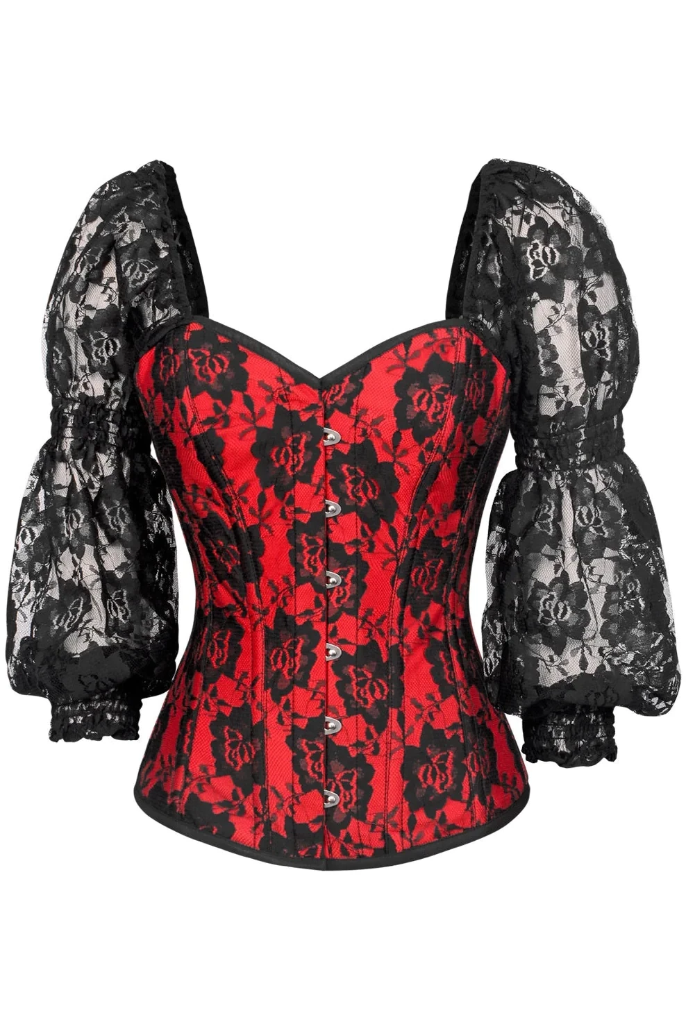 Black Lace over Red Satin Victorian Corset Top, Size: Small, Color: Red / Black ( Shown ), Availability: Ships after 1 to 3 Business Days