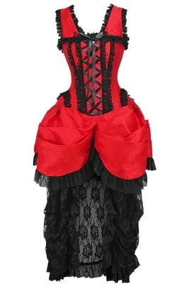 Red Victorian Bustle Corset Dress with black lace