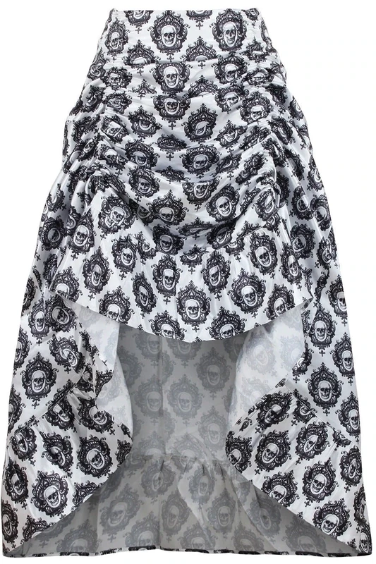 White with Black skulls  Victorian Skirt Adjustable hi-lo